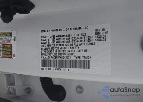 2019 Honda Ridgeline Rtl из США, поврежденный, VIN 5FPYK3F57KB043571